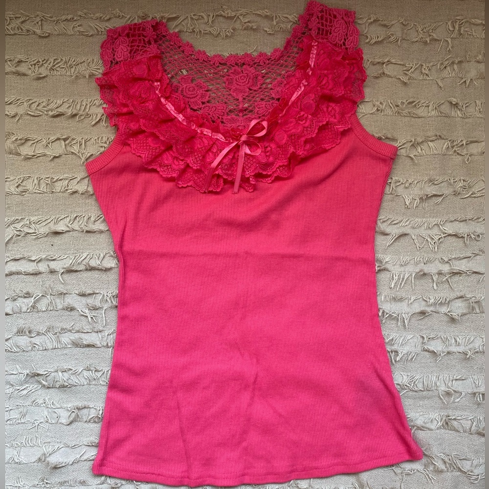 Vintage tank with doily lace collar and ribbon bow